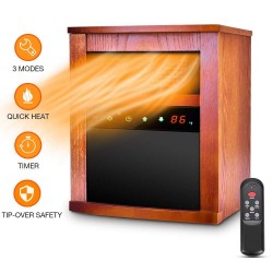 Space Heater - 1500W Room Heater with 3 Heating Modes, Remote Control and Timer, Electric Heater with Overheat&Tip-Over Shut Off Protection, for Bedroom and Office, Low Noise, Wood Cabinet, L, Brown