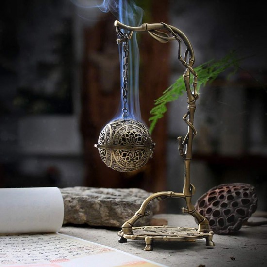 Burner incense burner Incense burner copper incense burner bronze bamboo frame dragon ball hanging stove home antique hollow sandalwood furnace decoration ornaments (color: bronze, size: 12.8 28.5cm