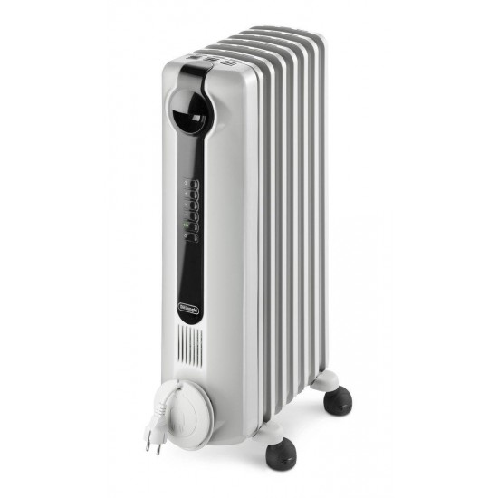 De'Longhi Oil-Filled Radiator Space Heater, Full Room Quiet 1500W, Adjustable Thermostat, 3 Heat Settings Digital Timer, ECO Energy Saving Mode, Safety Features, Light Gray, Radia S