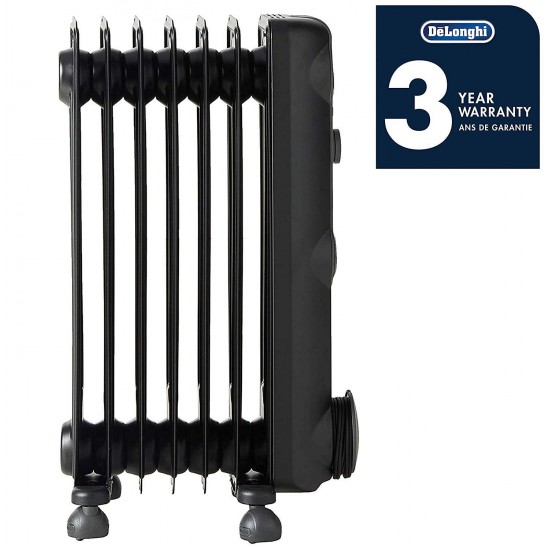 DeLonghi Oil-Filled Radiator Space Heater, Quiet 1500W, Adjustable Thermostat, 3 Heat Settings, Energy Saving, Safety Features, Nice for Home with Pets/Kids, Black, Comfort Temp KH390715CB