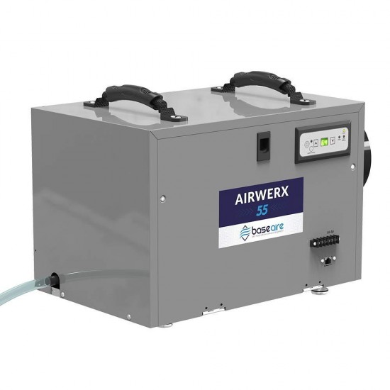 BaseAire AirWerx55 Crawl Space Dehumidifier, Basement Dehumidifier Removes 55 Pints at AHAM, Covers 1,300 sq.ft. Fitted 5 Years Warranty, HGV Defrosting, Remote Controlled