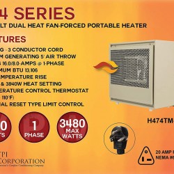 TPI H474TMC474 Series Dual Wattage Portable Heater  Corrosion Resistant, Temperature Control Thermostat, 240V. Home Heaters
