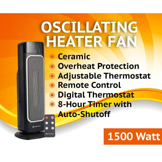 Comfort Zone Oscillating Space Heater  Ceramic Forced Fan Heating with Stay Cool Housing - Tower with Remote Control, Digital Thermostat, Timer, Large Temperature Display and Efficient ECO Mode