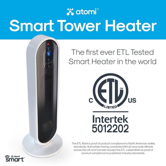 ATOMI Smart Wifi Tower Heater - 1500W Personal Space Heater controlled with Alexa,  Home, IOS & Android - Portable room heater for bedroom and oscillating space heater for home & office