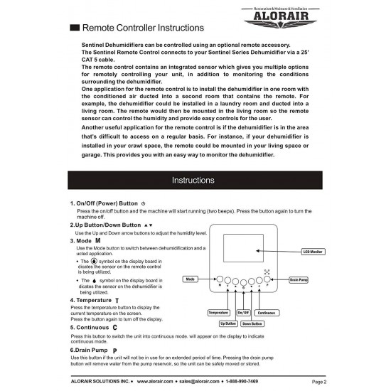 AlorAir Remote Controller for Digital Humidity Temperature Drain Pump Control for Crawl Space Basement dehumidifier HD90 HDi90 HD55 SLGR 1400X