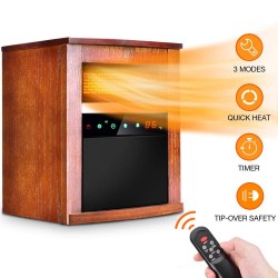 Electric Space Heater -1500W Infrared Heater with 3 Heat Settings, Remote Control&Timer, Room Heater with Overheat&Tip-Over Shut Off Protection, for Indoor Use, Quiet Operation, Wood Cabinet, L, Brown