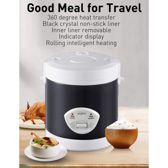 [Removable Pot] 12v rice cooker for car 1.6L, AngVin Electric Lunch Box, Travel Rice Cooker Small, Removable Non-stick Pot, Cooking, Heating, Keeping warm,for Cooking Soup, Rice, Stews, Grains & Oatmeal (Black)