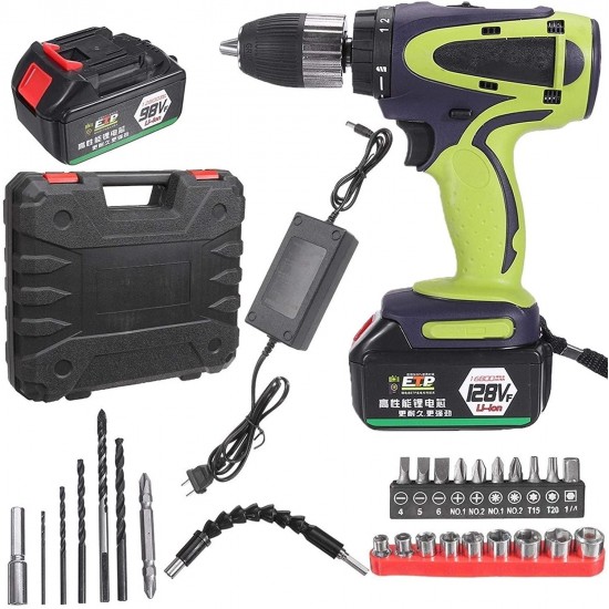 ARONG Useful Cordless Hand Drill, 98/128/168 Vf 13mm Electric Impact Cordless Drill, Cordless Hand Drill Tool Set Industrial Power Tools (Size : 128VF)