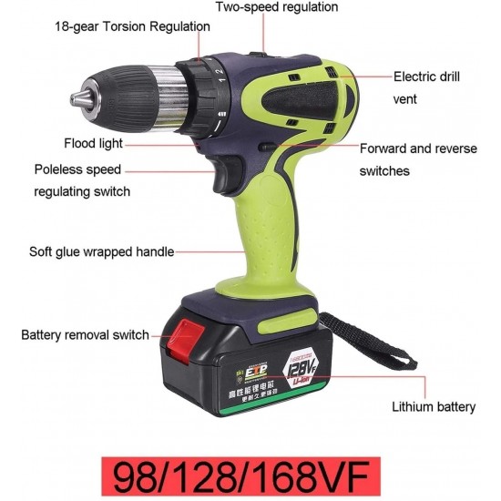 ARONG Useful Cordless Hand Drill, 98/128/168 Vf 13mm Electric Impact Cordless Drill, Cordless Hand Drill Tool Set Industrial Power Tools (Size : 128VF)