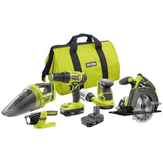 Ryobi 18-Volt ONE+ Cordless 5-Tool Combo Kit with (2) 1.5 Ah Compact Lithium-Ion Batteries, Charger, and Bag