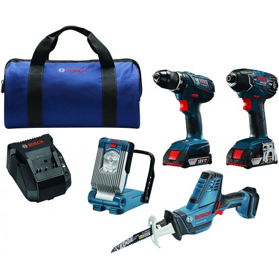 Bosch 18V 4-Tool Combo Kit with Compact Tough Drill/Driver, Impact Driver, Compact Reciprocating Saw, LED Work Light CLPK496A-181