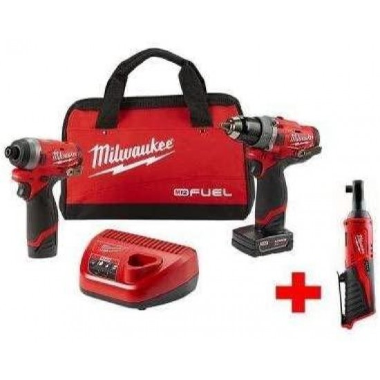 Milwaukee M12 FUEL 12-Volt Li-Ion Brushless Cordless Hammer Drill and Impact Driver Combo Kit (2-Tool) W/Free M12 3/8 in. Ratchet