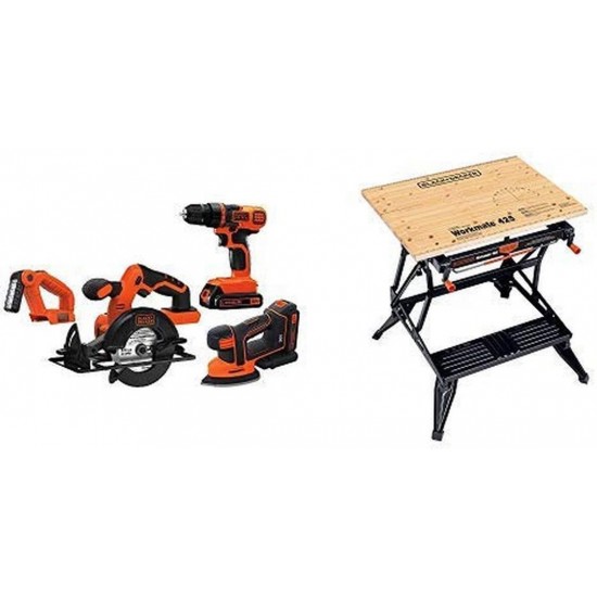 Black & Decker 20V MAX Lithiuim Ion 4 Tool Combo Kit with BLACK+DECKER WM425-A Portable Project Center and Vise